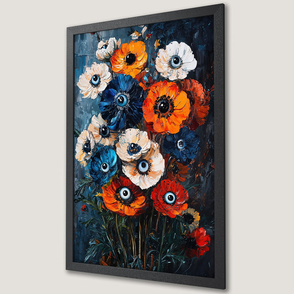 Framed Poster of vibrant floral art with a dark blue, orange, and white color palette. Perfect for adding a pop of color to your space.