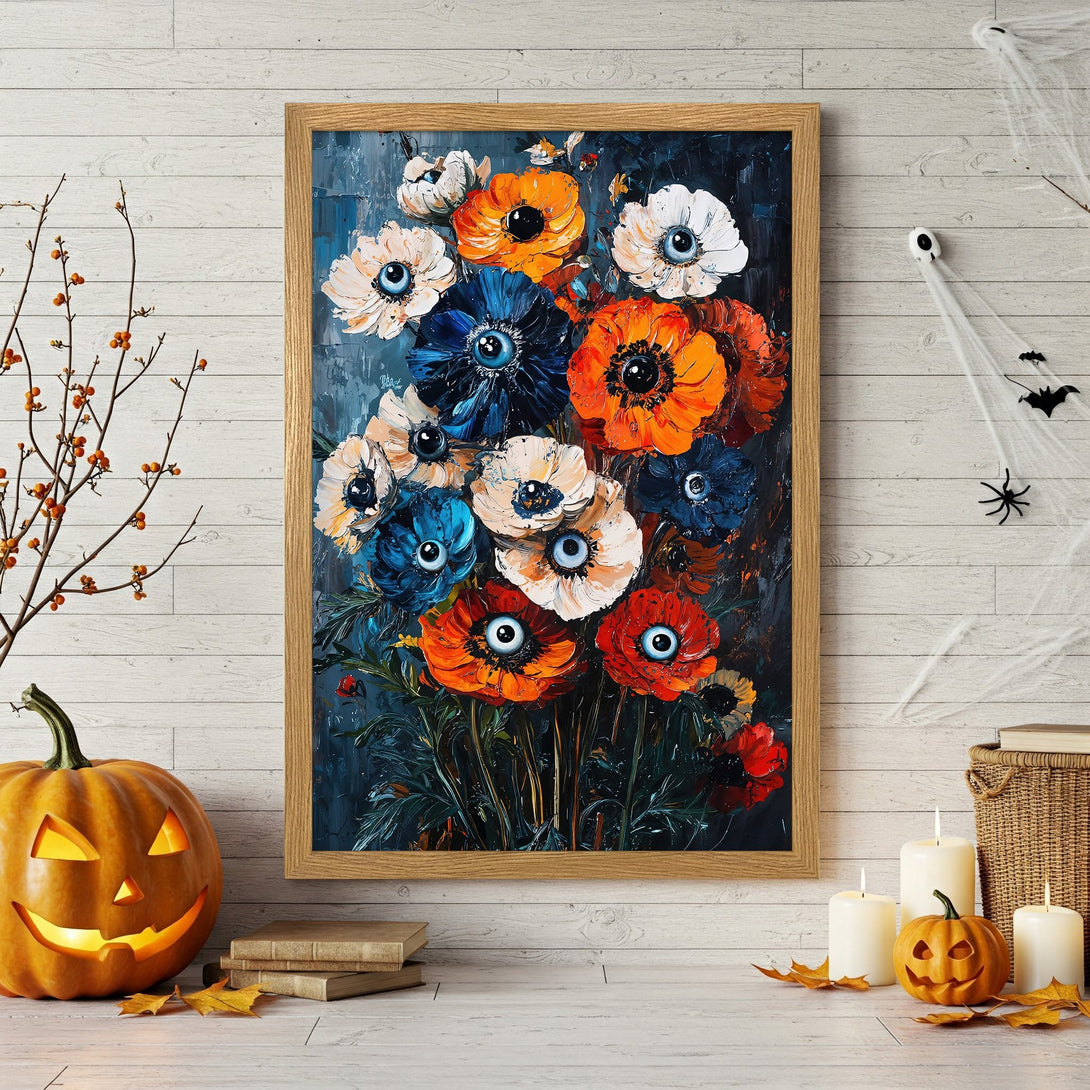 Framed Poster featuring a vibrant floral oil painting with a Halloween theme. Bold orange, blue, and white flowers on a dark background.