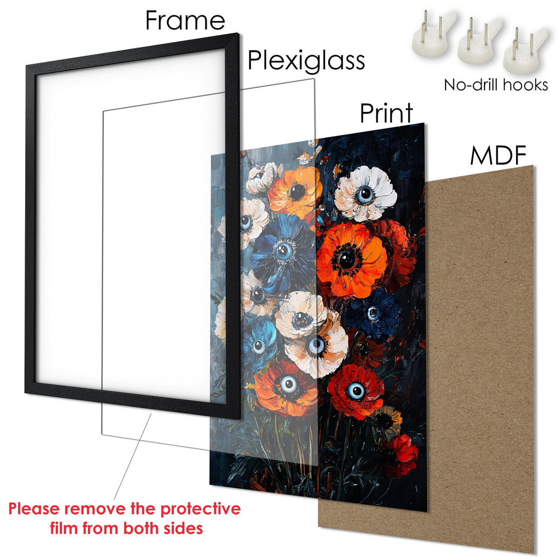 Framed Poster featuring vibrant floral art in a dark, painterly style with a rich palette of red, blue, and white. Ready to hang!