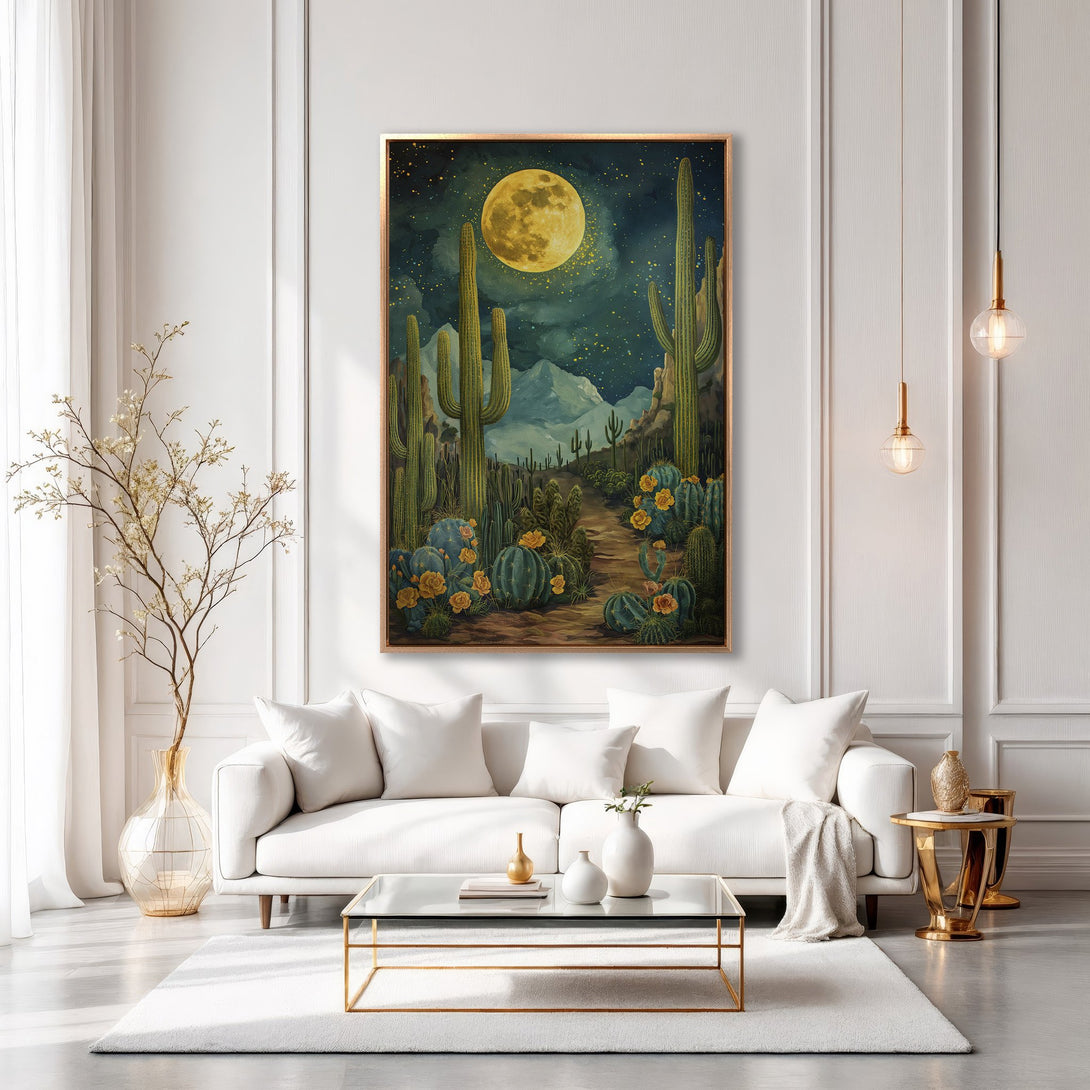 Framed Wall Art: Desert landscape with a large moon, cacti, and warm yellow and green hues. Perfect for adding a touch of nature to your home decor.