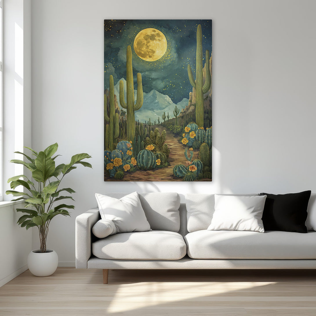 Framed Wall Art: Desert landscape with cacti and a full moon in a vintage style. Features a warm, earthy color palette with blues, greens, and golds. Perfect wall decor.