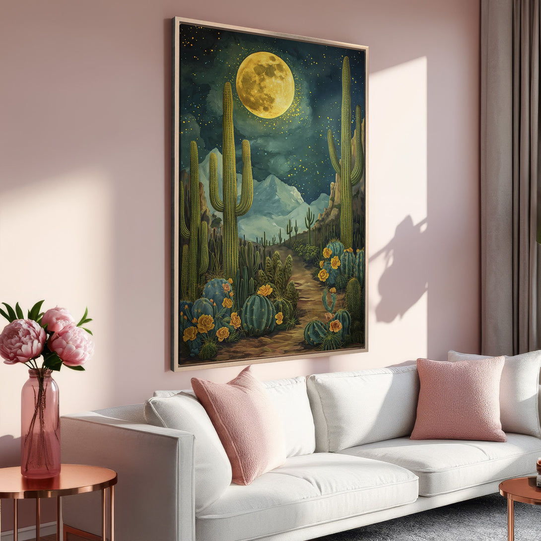 Framed Wall Art: Desert landscape Canvas Print with cacti, moon, and stars. Earthy tones of green, yellow, and blue create a serene, artistic vibe. Elevate your space!