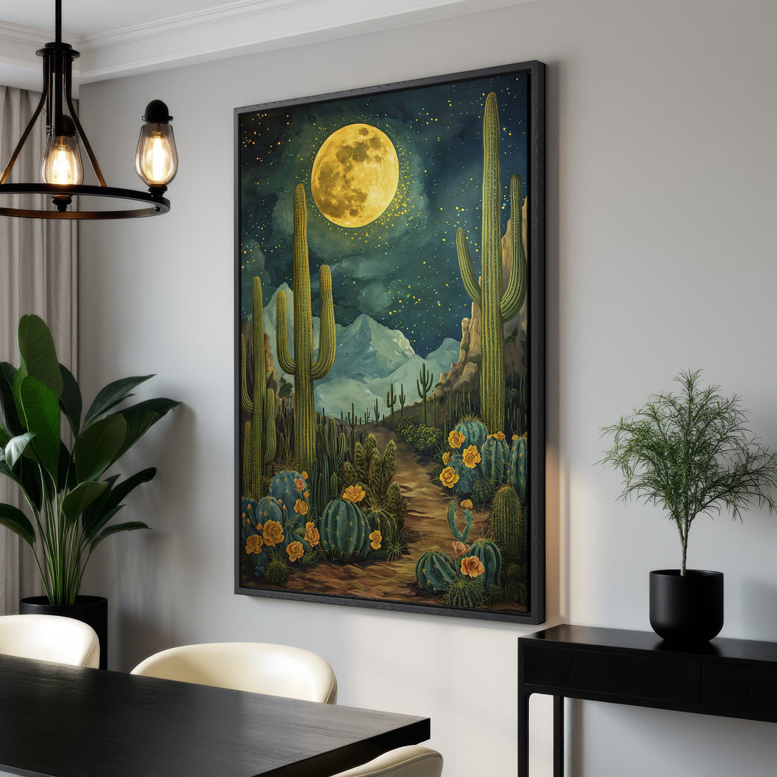 Framed Wall Art: Desert landscape canvas print with a vibrant night sky, cacti, and warm yellow and green hues. Perfect for adding a touch of nature to your home!