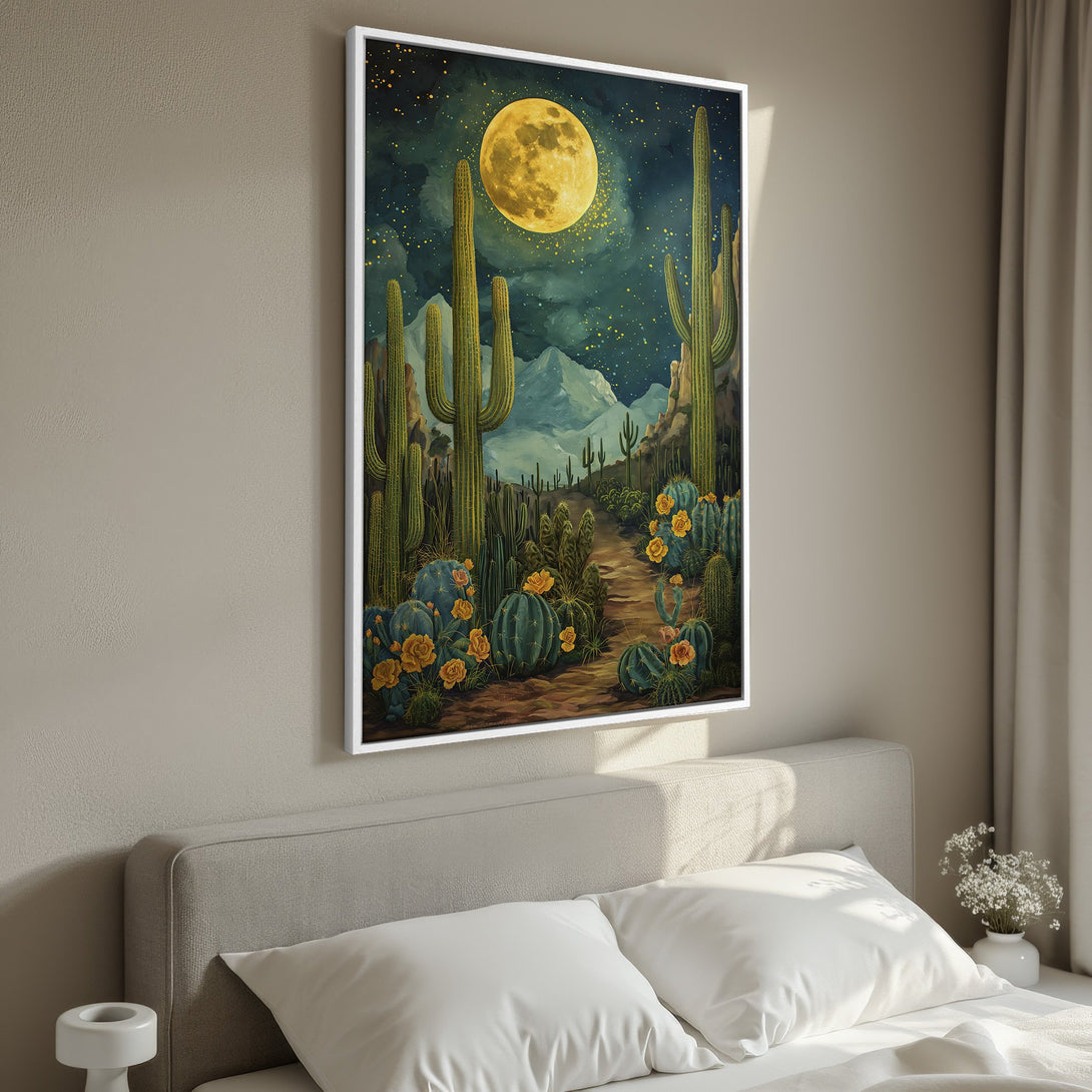 Framed Wall Art: Desert landscape Canvas Print with a vibrant moon, cacti, and warm color palette, perfect for adding a touch of nature to your space.
