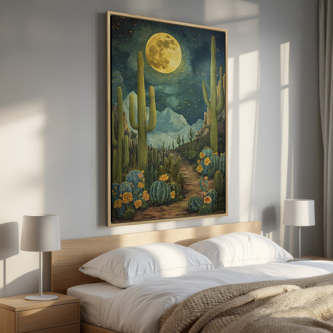 Framed Wall Art: Desert landscape Canvas Print with a full moon, cacti, and a warm, earthy color palette. Perfect for bedroom decor!