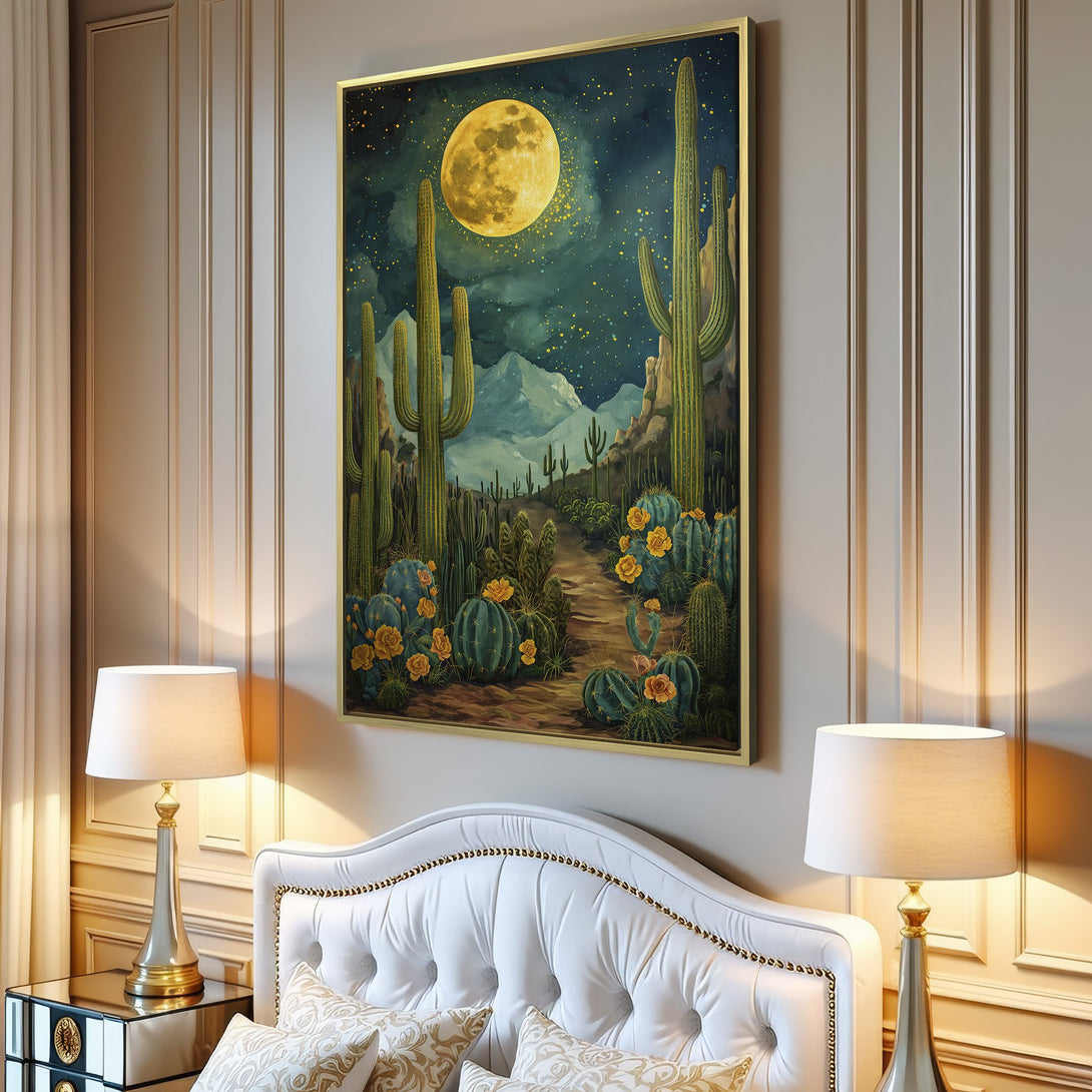 Canvas Print of a desert landscape with cacti and a full moon, in a vintage style with a blue, yellow, and green color palette.