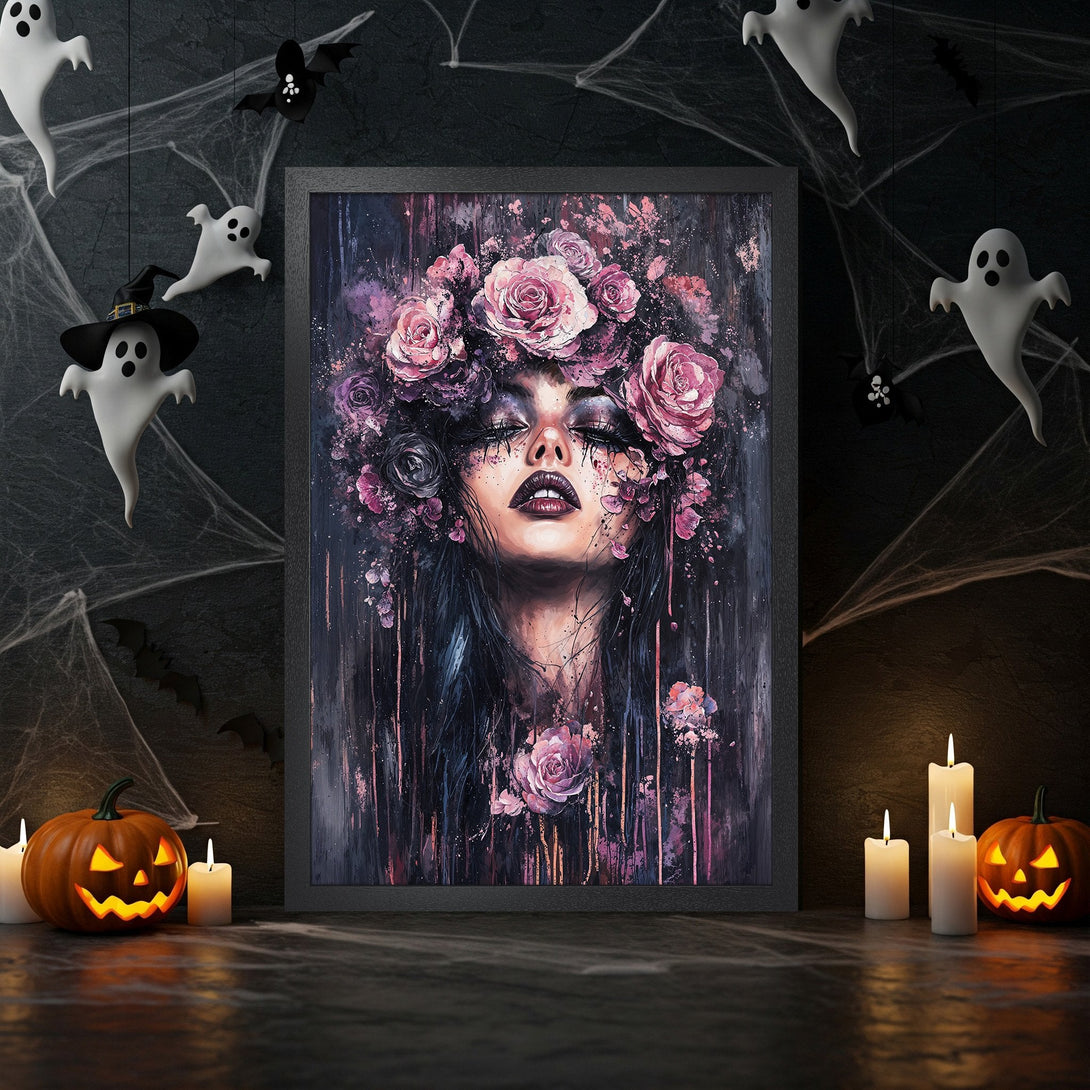 Framed Poster featuring a woman with a floral crown in a dark, artistic style. Purple and black color palette, perfect for Halloween decor.