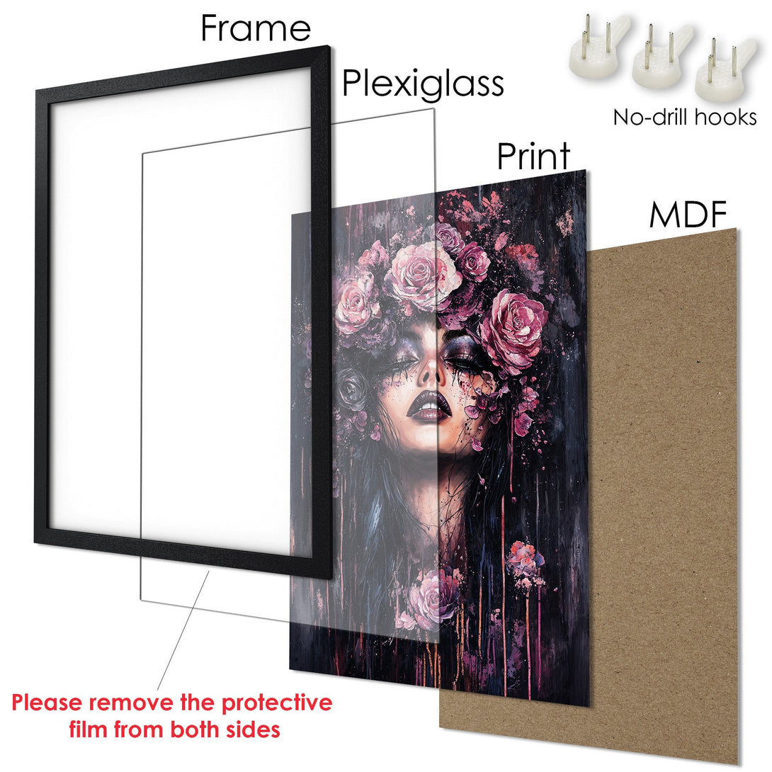 Framed Poster featuring a woman with floral crown, dark and moody style, with a purple and black color palette.