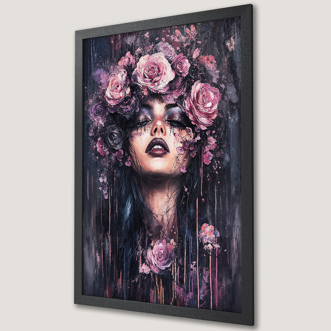 Framed Poster featuring a woman with floral crown, dark & moody style, pink & purple color palette. Perfect wall art.