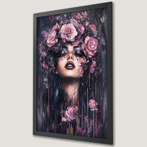 Framed Poster featuring a woman with floral crown, dark & moody style, pink & purple color palette. Perfect wall art.