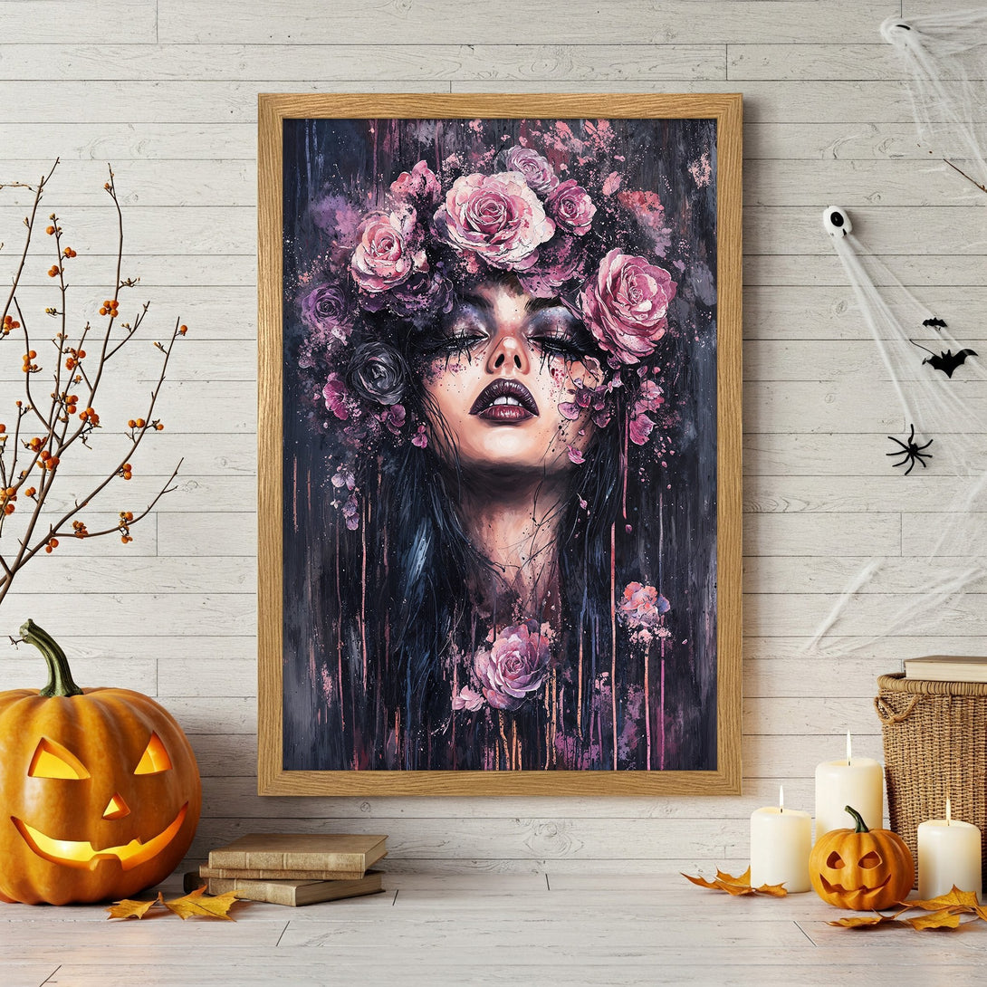 Framed Poster of woman with floral crown, dark art style, purple & pink color palette. Perfect Halloween decor.