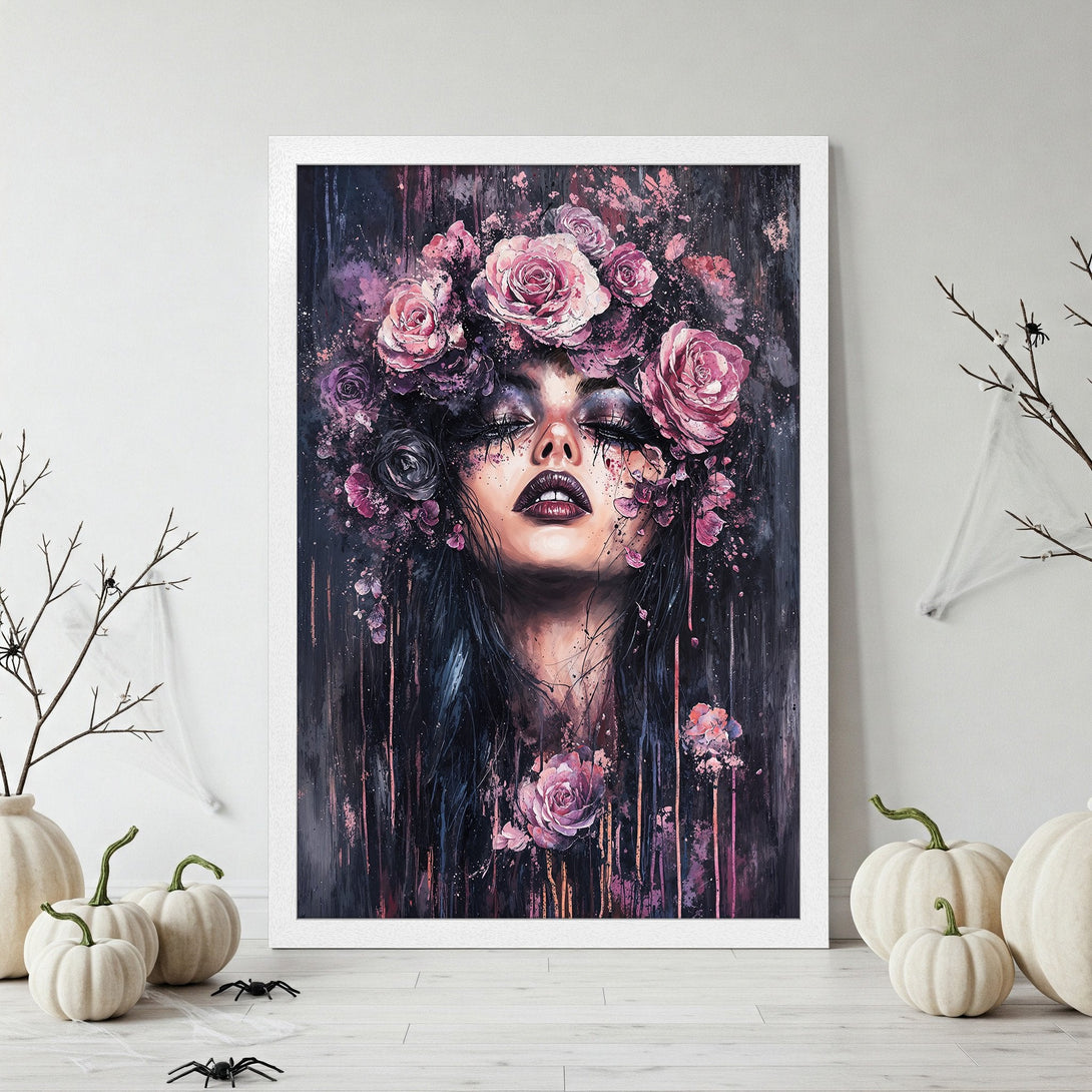 Framed Poster: Gothic woman with floral crown. Dark, moody art in purple and pink. Perfect wall decor.