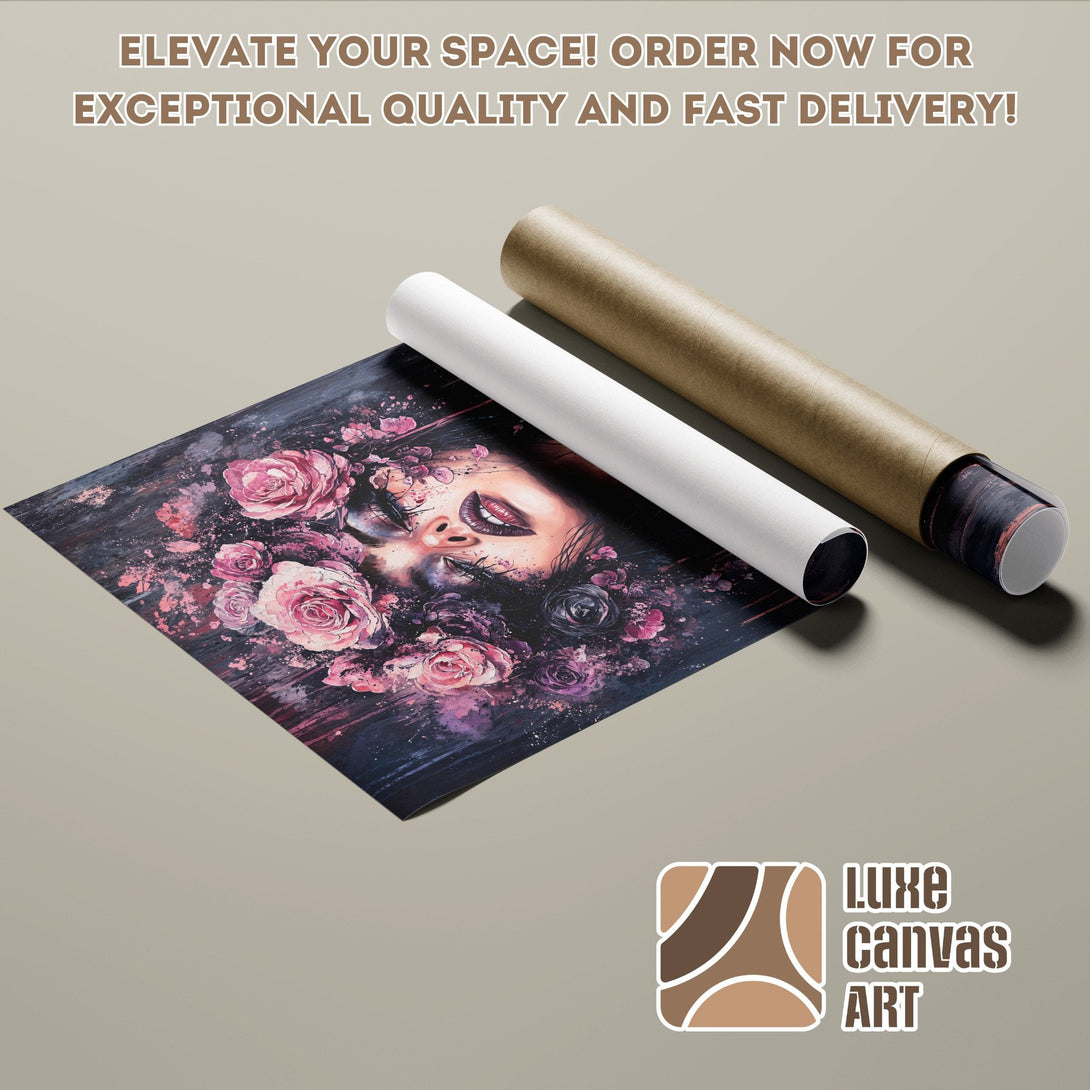 Poster Roll featuring a woman with roses, artistic style, dark & pink palette. Order yours now!