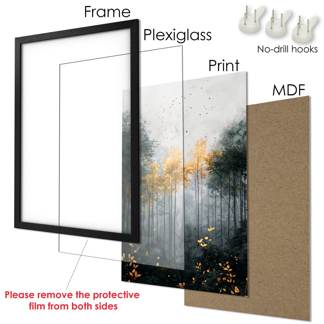 Framed Poster of a misty forest with gold accents. Stylish wall art in a muted color palette. Perfect home decor!