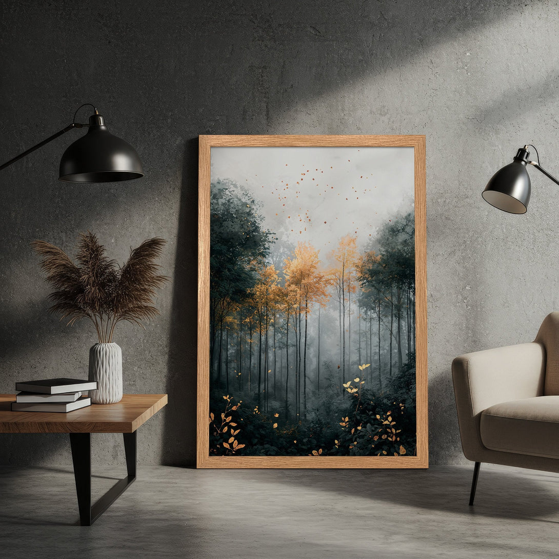 Framed Poster featuring a serene forest scene in a painterly style with a muted green and gold color palette, perfect for home decor.