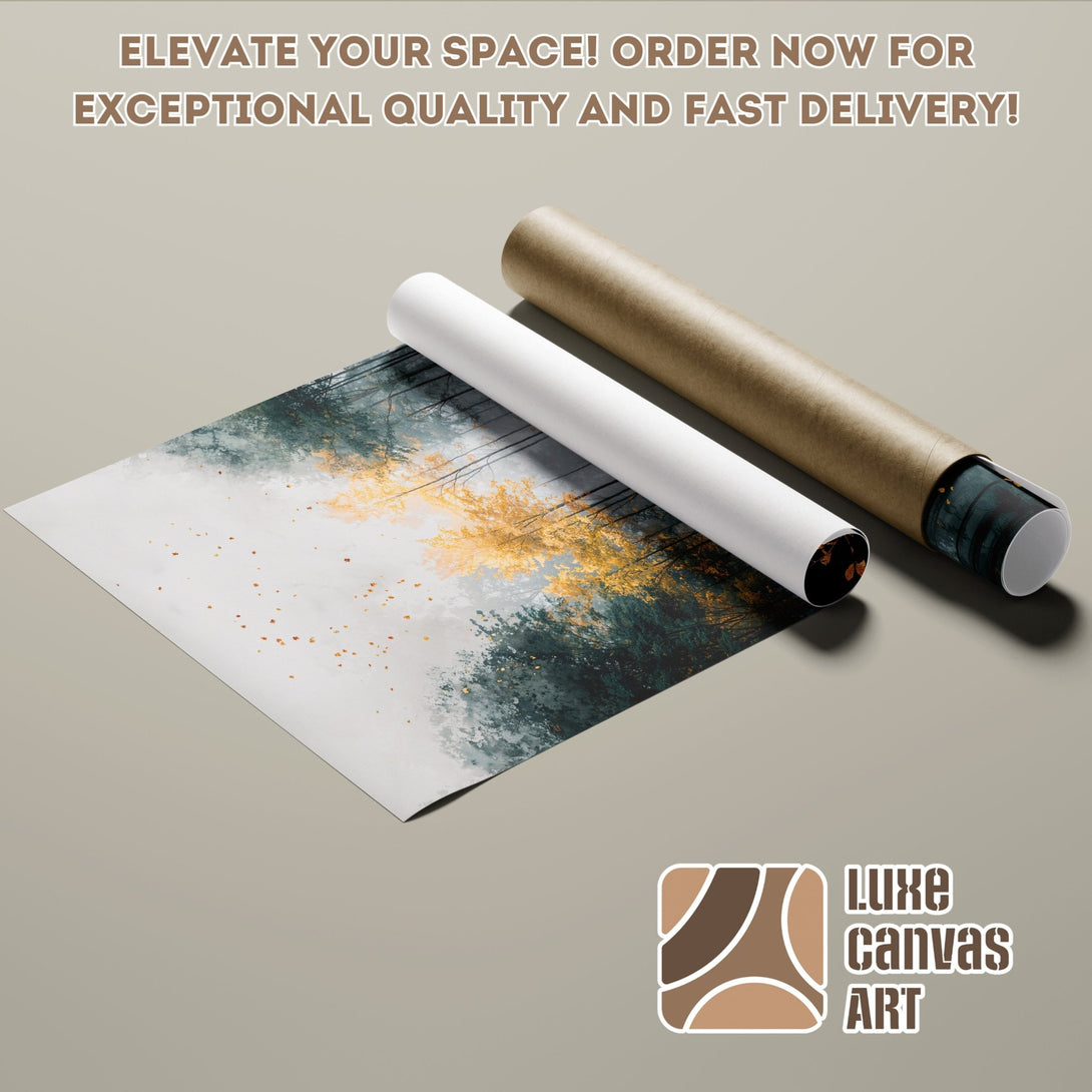 Poster Roll featuring a serene forest landscape in green, gold, and white. Enhance your space with this beautiful art!