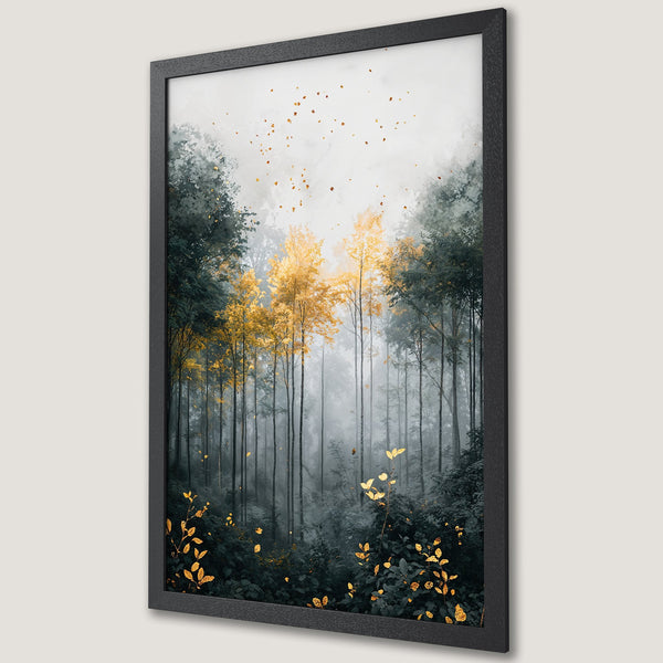 Framed Poster of a misty forest with golden trees. Artistic style, moody color palette with greens, golds, and grays. Perfect wall art.