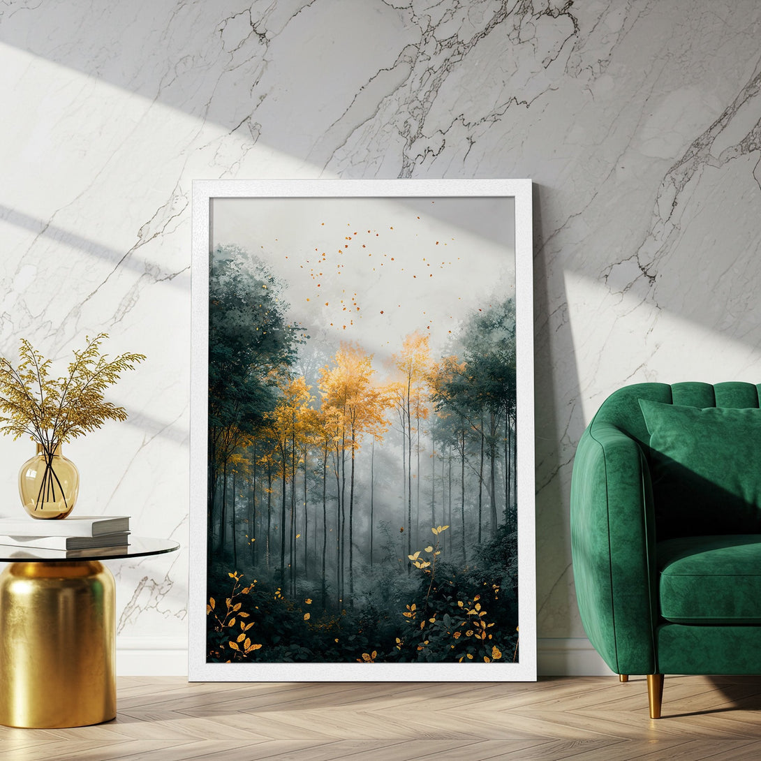 Framed Poster of a misty forest with gold accents. Modern art print with a moody green and gold color palette. Perfect wall decor.