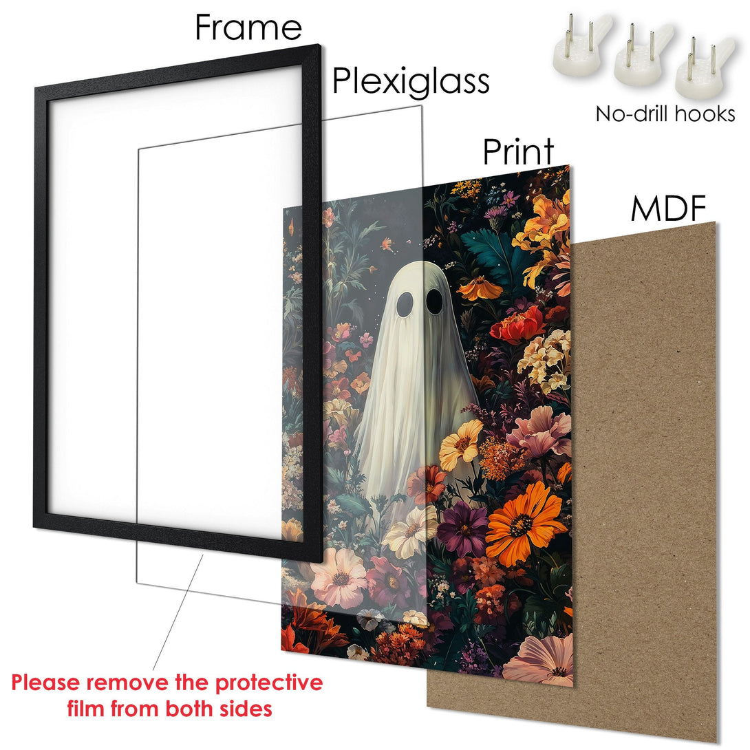 Framed Poster featuring a ghost in a floral garden, with a dark, moody color palette. Add spooky vibes to your space!