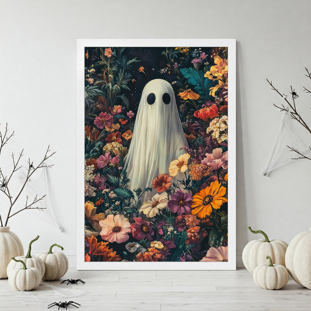 Framed Poster featuring a whimsical ghost in a floral garden. Dark, moody style with vibrant orange, purple, and yellow hues. Perfect Halloween decor!