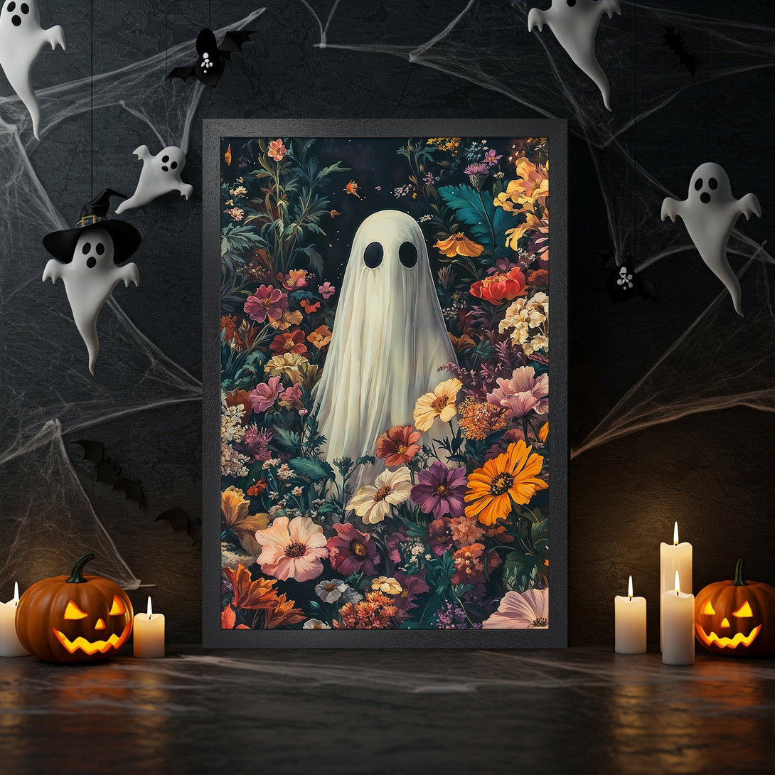 Framed Poster featuring a ghost in a floral garden. Gothic style with a colorful, autumnal palette. Perfect Halloween decor.