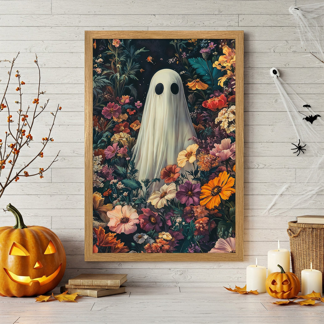 Framed Poster featuring a ghost in a floral garden, artistic style with dark, warm color palette, perfect Halloween decor.