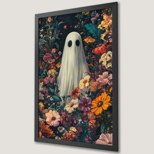 Framed Poster featuring a whimsical ghost in a floral garden, with a dark, moody color palette. Perfect wall art!