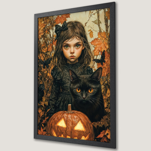 Framed Poster: Spooky Halloween art featuring a girl, black cat, and pumpkin. Watercolor style with orange, black, and green color palette. Perfect for fall decor!