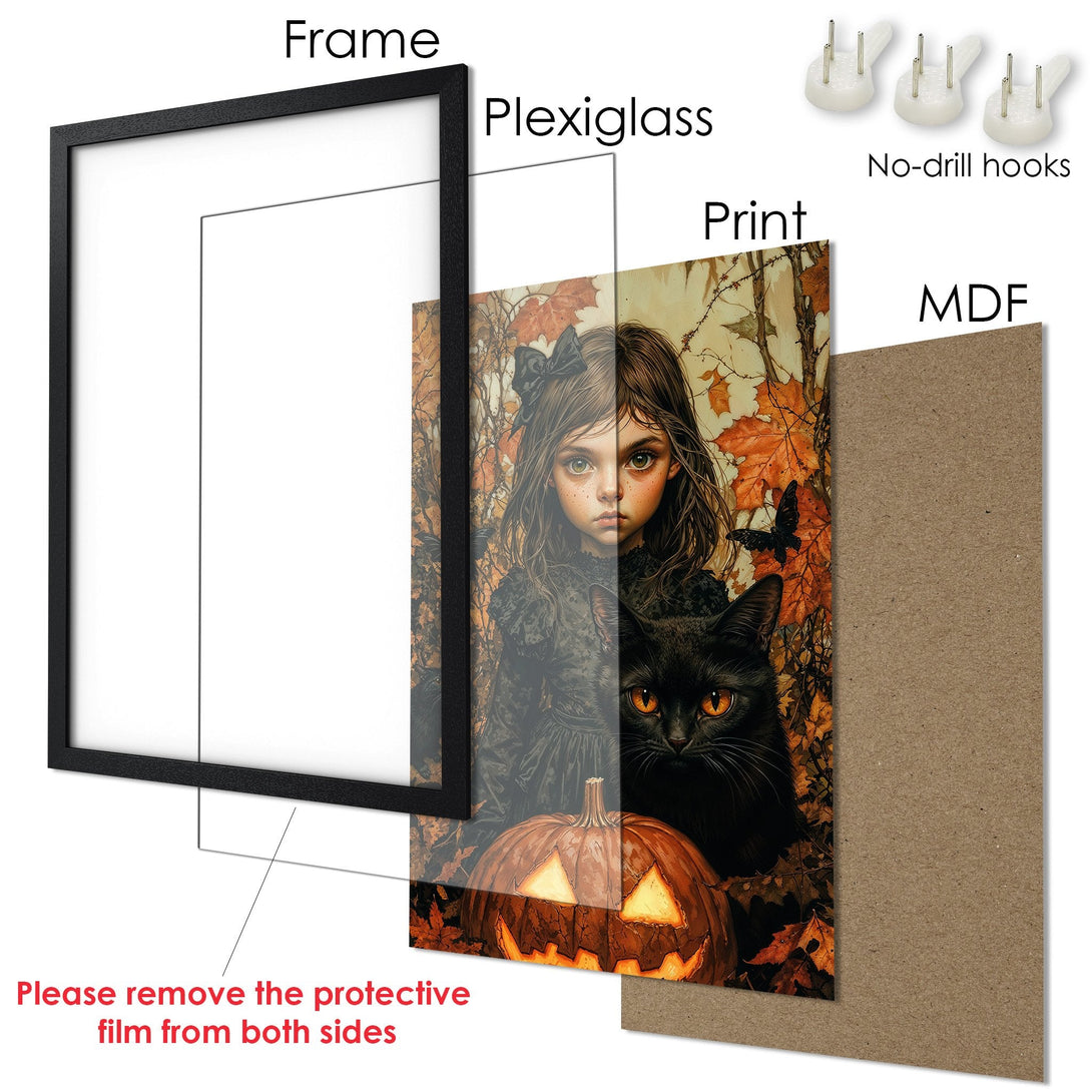 Framed Poster featuring a gothic girl and black cat, with a warm orange and brown color palette. Perfect Halloween decor!