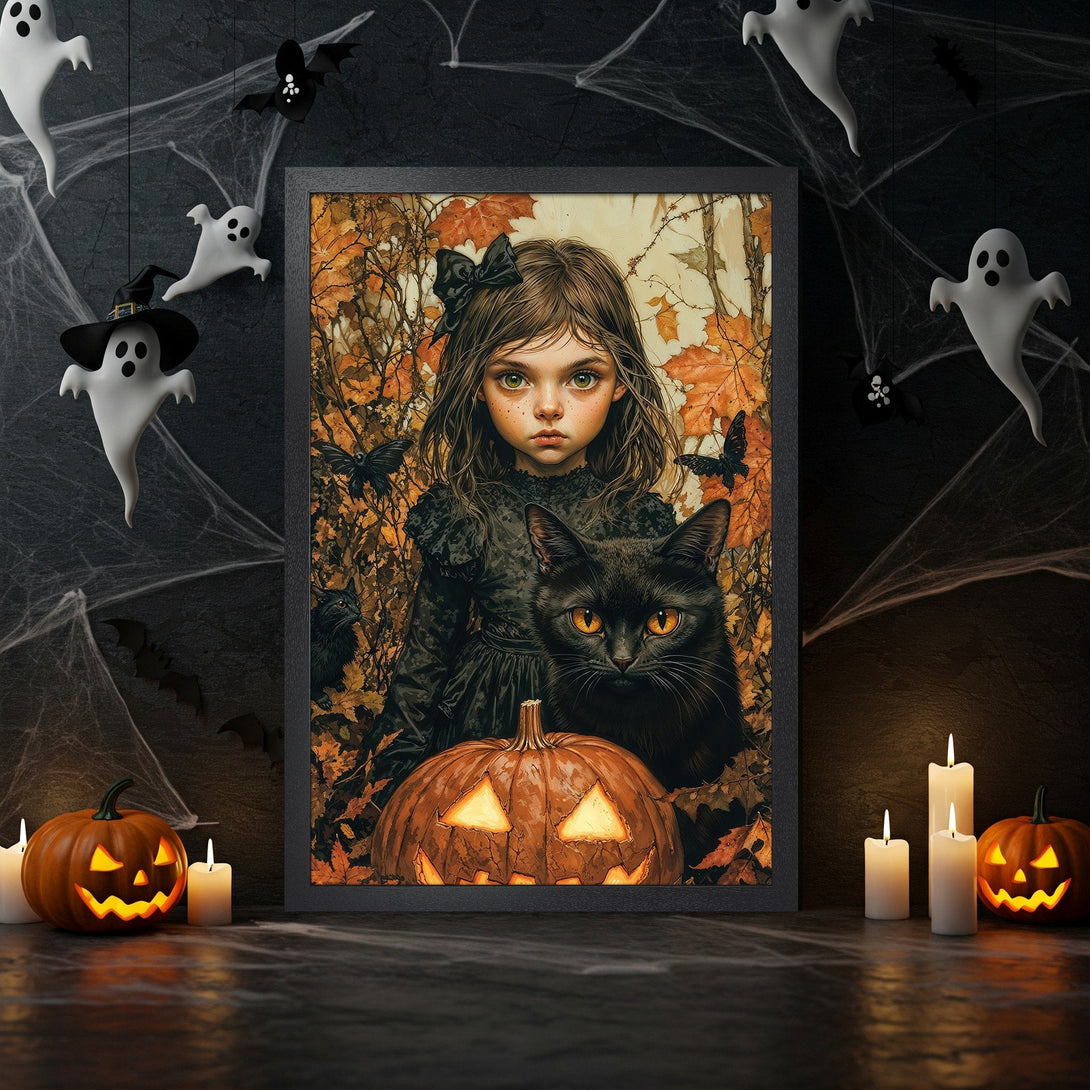 Framed Poster featuring a girl & black cat in a Halloween scene. Dark, spooky style with orange & black color palette. Perfect for spooky decor.