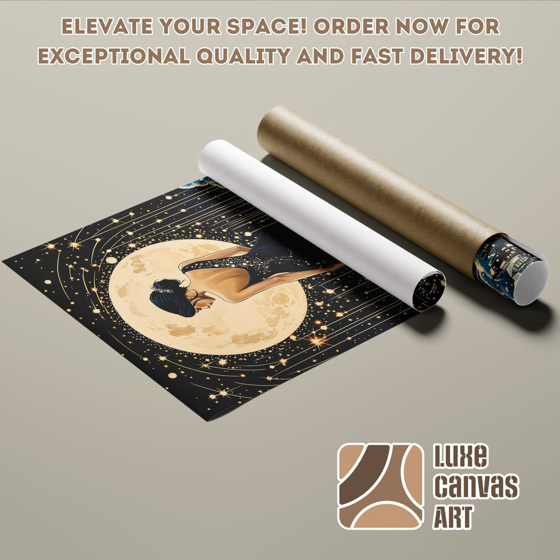 Poster Roll featuring a woman and moon art, with a black, gold, and beige color palette. Elevate your space with this unique art!