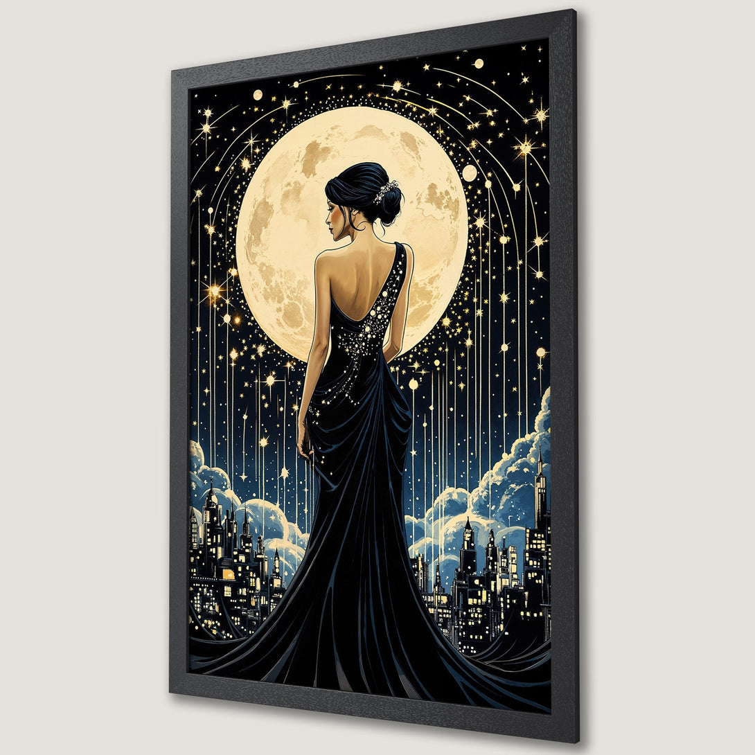 Framed Poster featuring a woman in a black dress against a moonlit cityscape. Art Deco style with a black, gold, and blue color palette. Perfect wall decor.