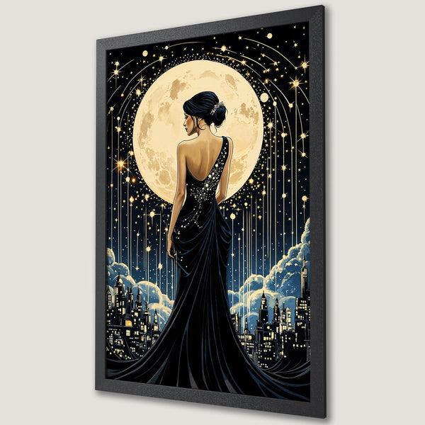 Framed Poster featuring a woman in a black dress against a moonlit cityscape. Art Deco style with a black, gold, and blue color palette. Perfect wall decor.