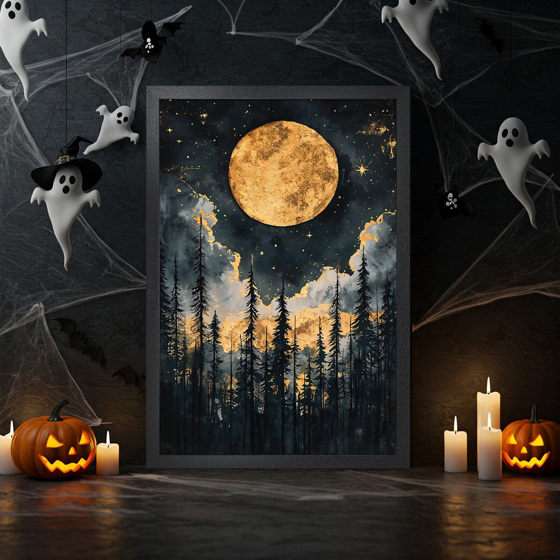 Framed Poster featuring a mystical forest scene with a golden moon. Dark, moody style with black, gold, and teal color palette. Perfect Halloween decor!