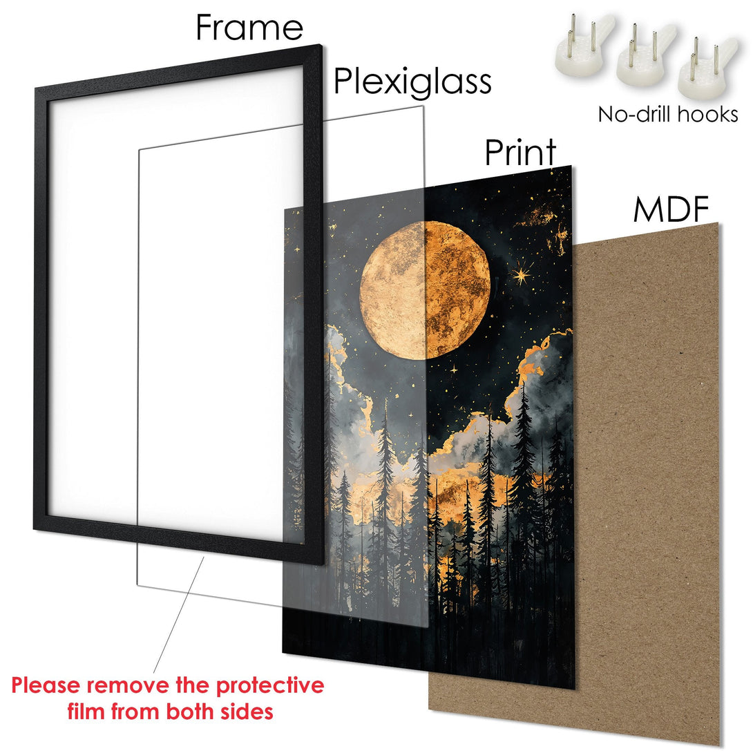 Framed Poster featuring a moonlit forest scene in a dark, moody style with gold and gray tones. Ready to hang!