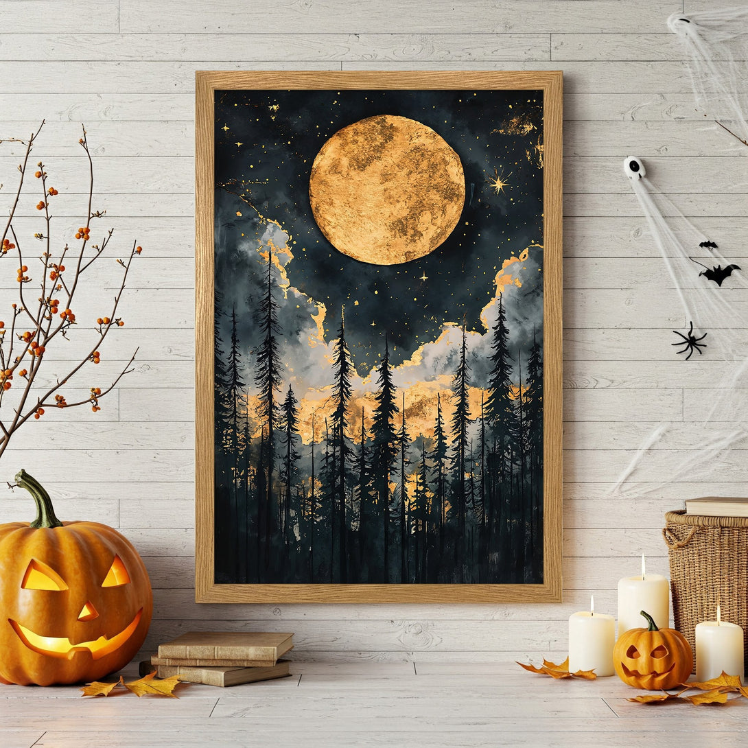 Framed Poster featuring a mystical forest scene with a golden moon. Dark, moody style with a gold and navy color palette. Perfect Halloween decor!