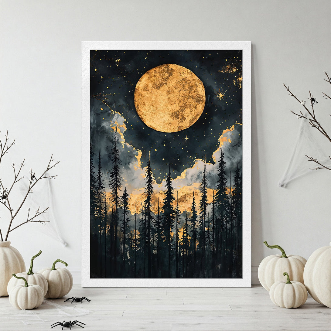 Framed Poster featuring a mystical forest scene with a golden moon, in a dark and gold color palette. Perfect Halloween decor!