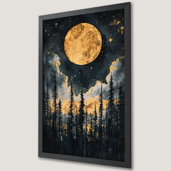 Framed Poster featuring a moonlit forest scene. Dark, moody style with gold and teal color palette. Perfect wall art for any room.