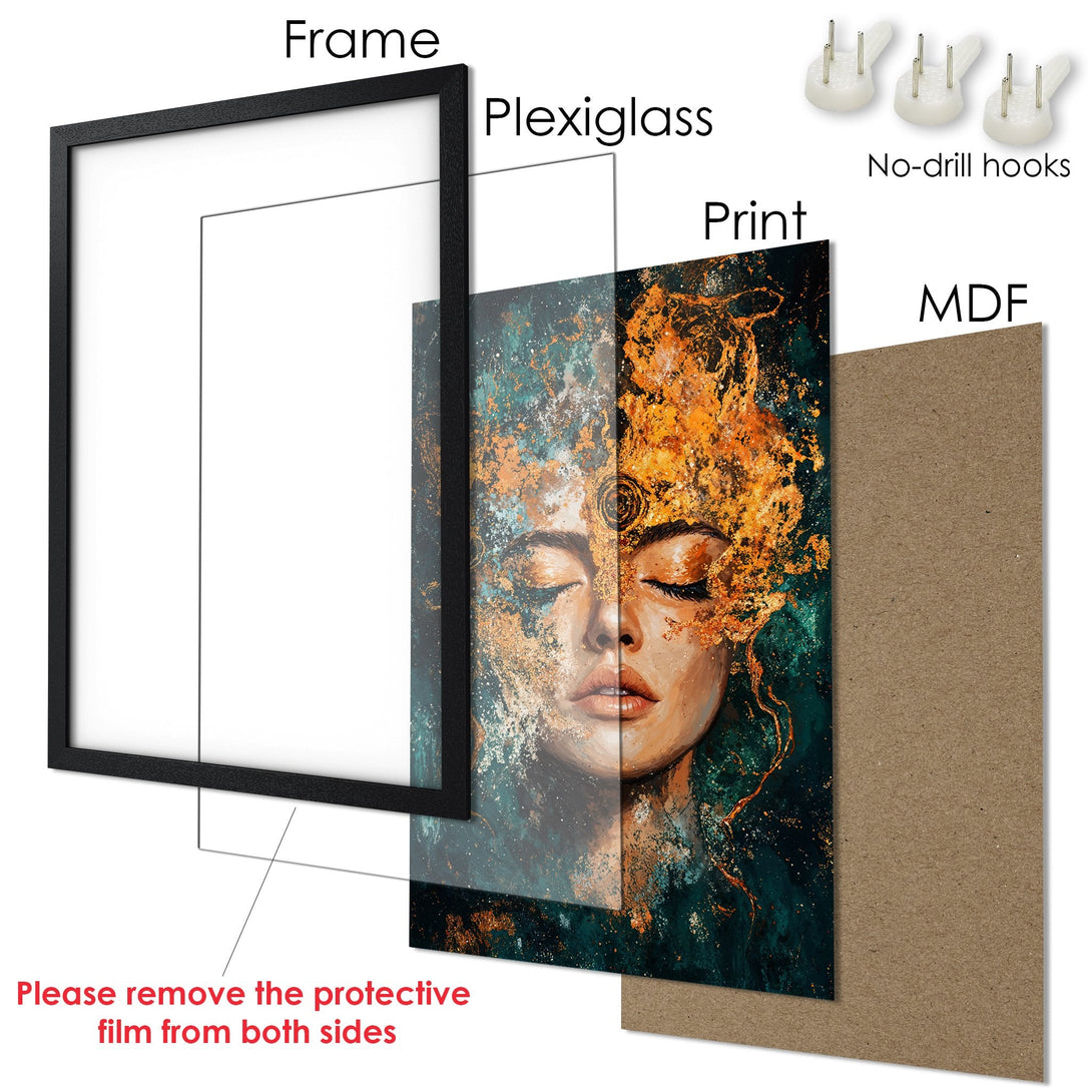 Framed Poster featuring a woman's portrait in an abstract style, with a teal and gold color palette. Perfect wall art!