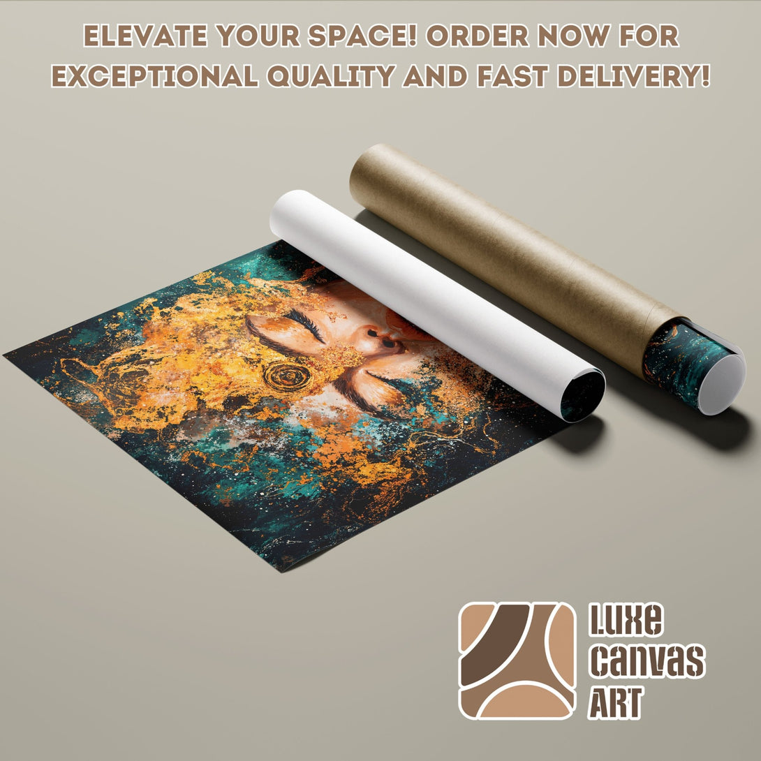 Abstract art poster roll featuring a woman's face in teal, gold, and black. Elevate your space with this stunning Poster!