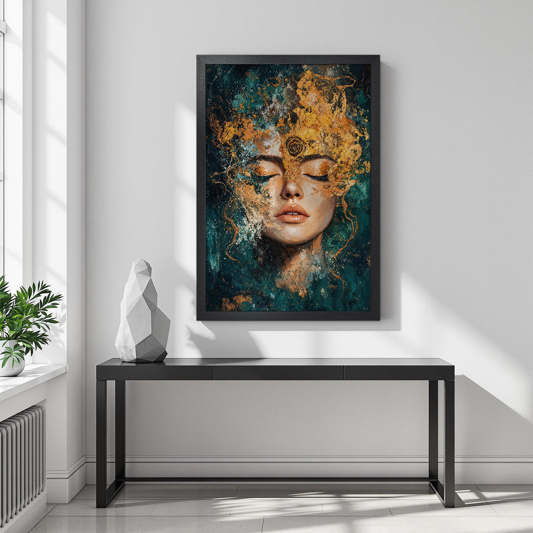 Framed Poster of a woman with closed eyes, abstract style, featuring teal, gold, and brown tones. Perfect art for any space!