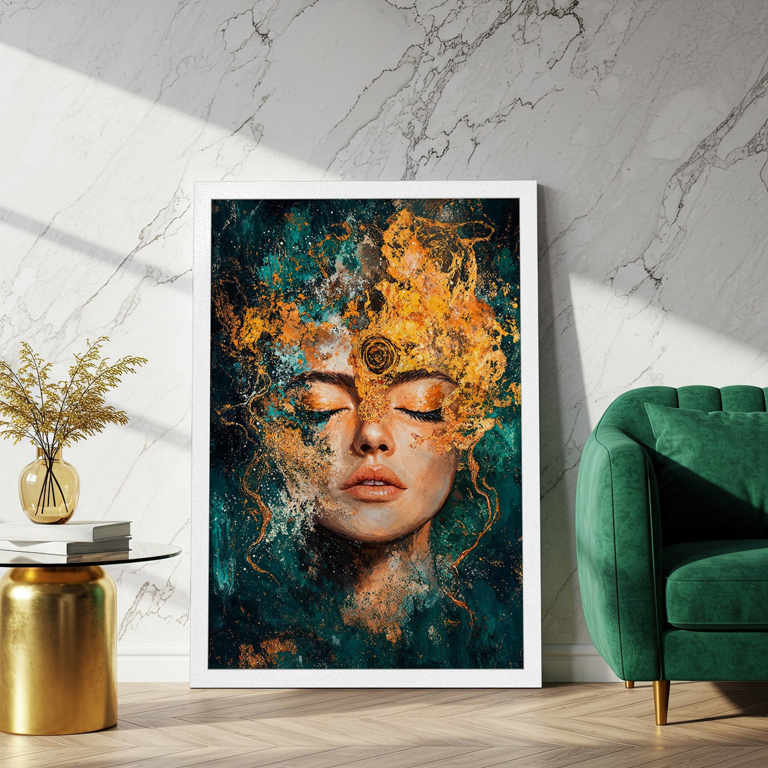 Framed Poster featuring a woman's face with closed eyes, abstract style, and a teal & gold color palette. Add art to your space!