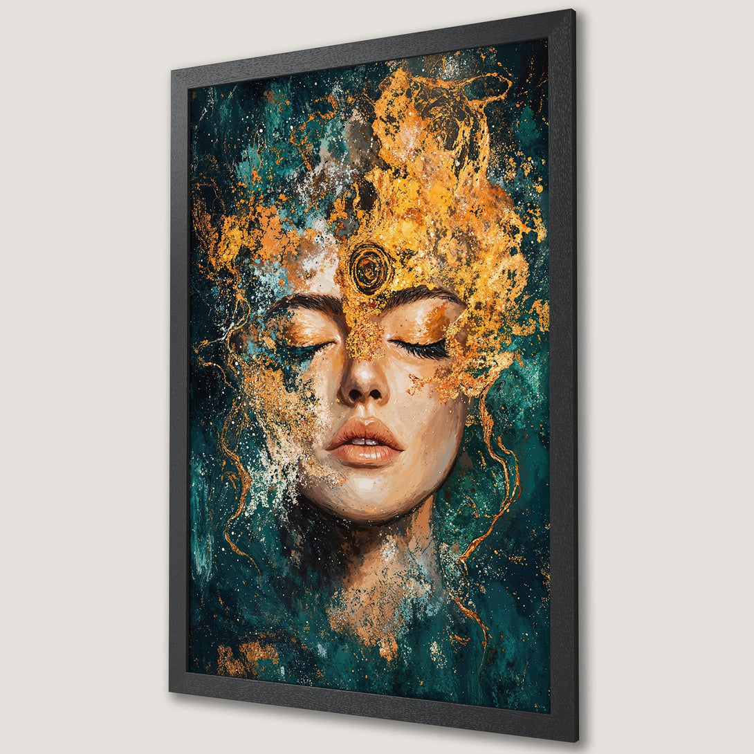 Framed Poster featuring an abstract woman with gold accents, teal and orange color palette. Perfect wall art for your home.