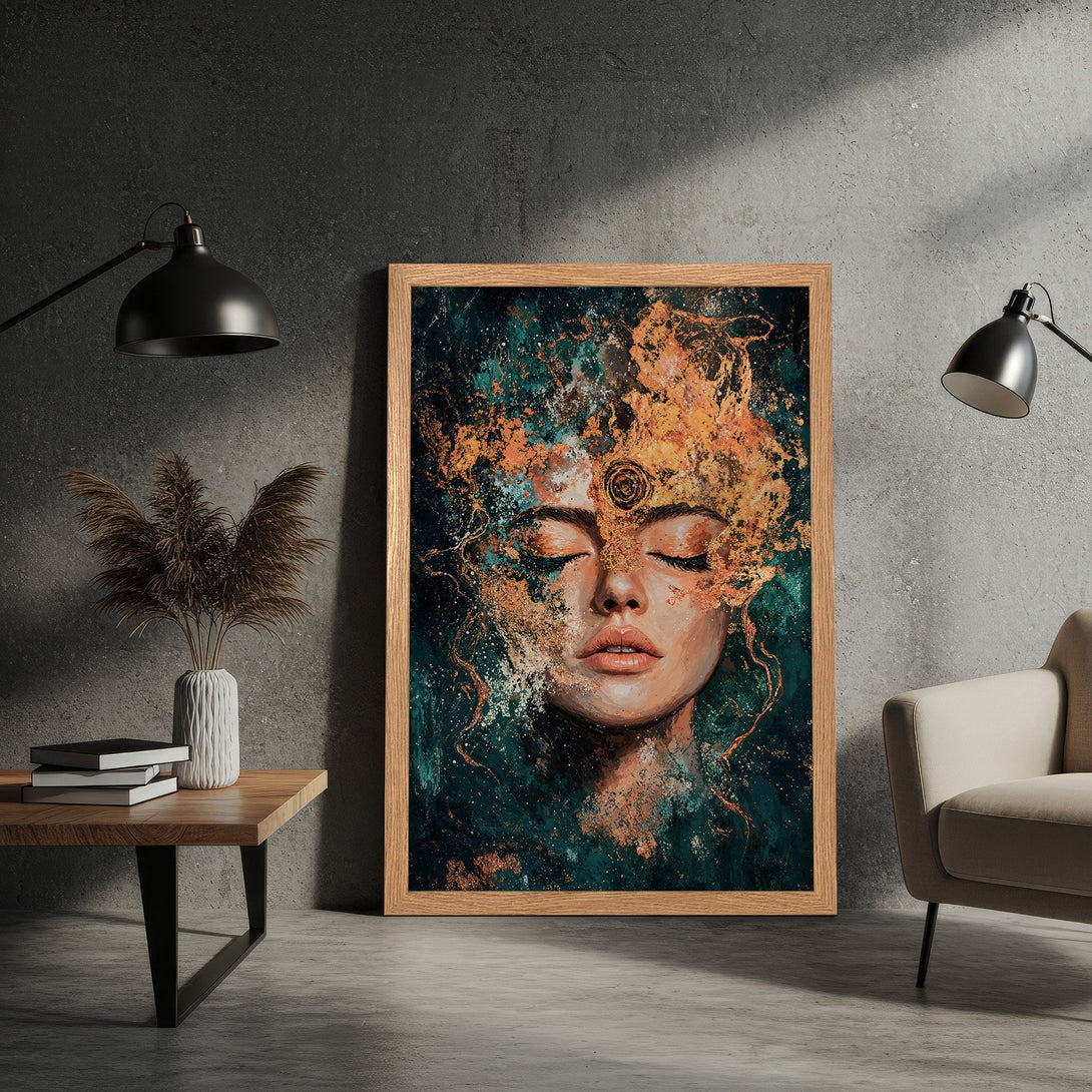 Framed Poster of a woman's face with abstract art style, featuring teal, gold, and brown tones. Perfect wall art!