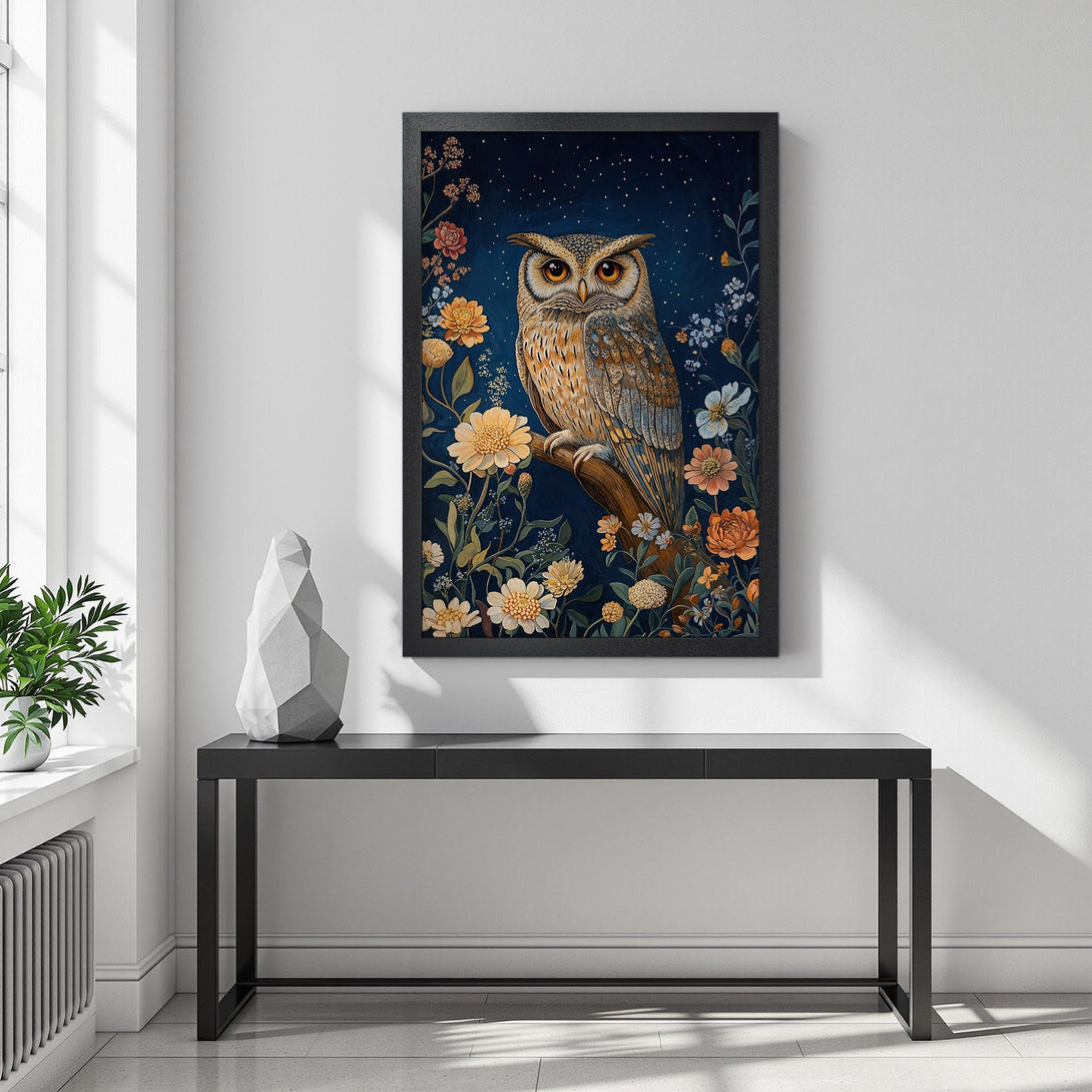 Framed Poster featuring an owl in a floral setting, with a blue, orange, and yellow color palette. Perfect wall art for your home!