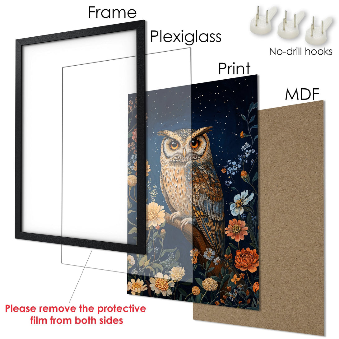 Framed Poster featuring a majestic owl illustration in a nature-inspired style with a dark blue, orange, and beige color palette.