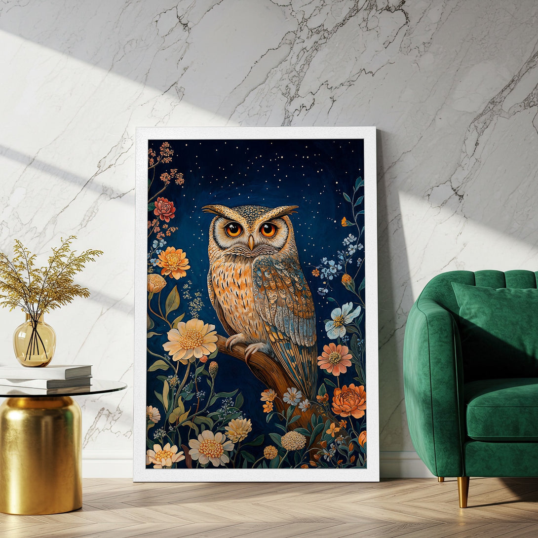 Framed Poster of an owl in a floral, watercolor style. Features a dark blue background with orange and yellow flowers. Perfect wall art!