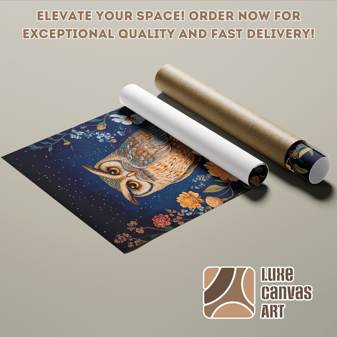 Owl Poster Roll art print, dark blue, orange & brown color palette. Elevate your decor!