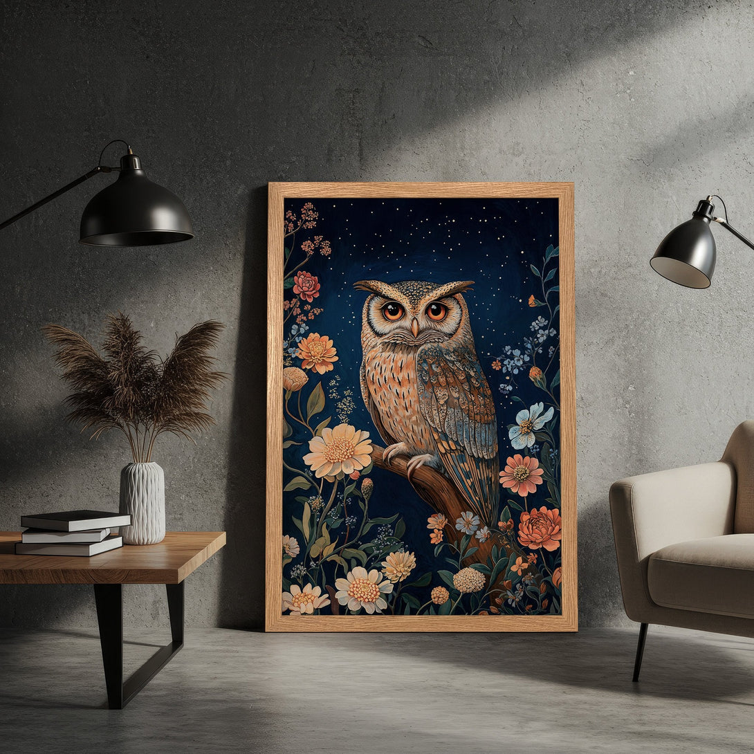 Framed Poster featuring a detailed owl illustration with floral accents, set against a dark blue background. Warm color palette, perfect wall art.