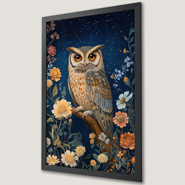 Framed Poster featuring an owl in a floral design. Artistic style with a dark blue, orange, and yellow color palette. Perfect wall art.